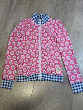 Olive Mae Girls Pink Floral Zip-Front Jacket with Gingham Trim, Size 7/8